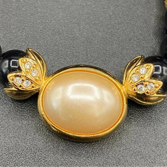 Vintage Avon Black Plastic and Faux Pearl Necklace and Pierced Earrings Set - Picture 4 of 14